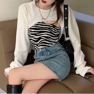 Set: One-shoulder Zebra Print Camisole Top + Cropped Sweatshirt