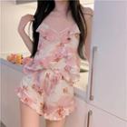 V-neck Printed Camisole / Long-sleeve Printed Top / Ruffle Trim Printed Shorts