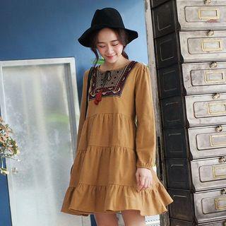 Long-sleeve Tie-neck Paneled Dress