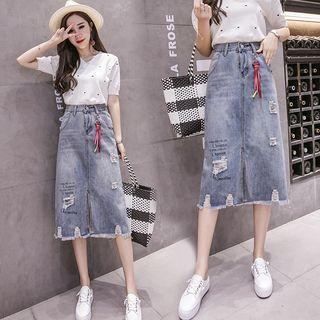 Rip Denim A-line Midi Skirt