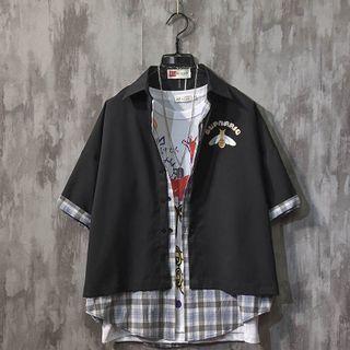 Mock Two-piece Elbow-sleeve Printed Shirt