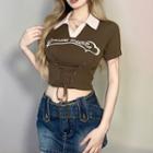 Short-sleeve Lace-up Crop Polo Top