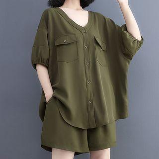 Set: Balloon-sleeve Button-up Jacket + Shorts