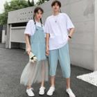 Couple Matching Elbow-sleeve T-shirt / Denim Midi Pinafore Dress / Denim Shorts