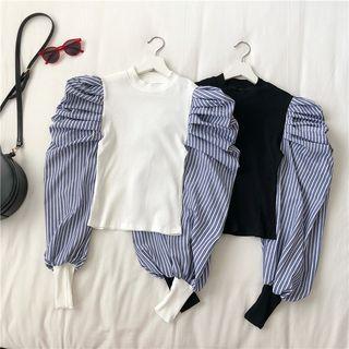Mock Two-piece Striped Balloon-sleeve Sweater