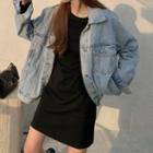 Long-sleeve Plain Mini Dress / Denim Jacket