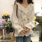 Ruffle V-neck Long-sleeve Loose-fit Blouse Almond - One Size