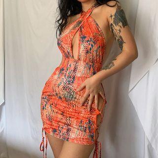 Halter Print Cutout Mini Bodycon Dress