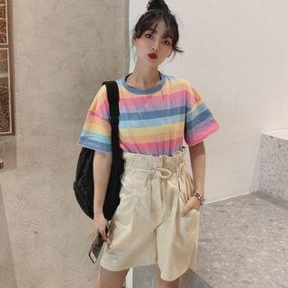 Striped Short-sleeve T-shirt / Drawstring High-waist Shorts