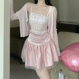 Lightweight Cardigan / Floral Camisole Top / A-line Skirt