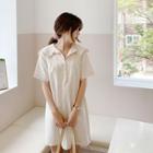 Sailor-collar Linen Blend Mini Shirtdress Light Beige - One Size