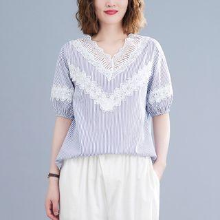 Short-sleeve Lace Trim Striped Blouse Light Blue - One Size
