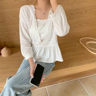 3/4 Sleeve Lace Trim Square Neck Top