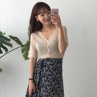 Elbow-sleeve Rib-knit Cardigan