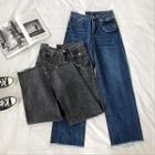 Plain Pocket Panel High-waist Frayed Jeans