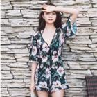 Set: Flower Print Bikini + Playsuit