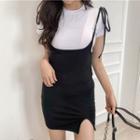 Plain Round-neck Short-sleeve T-shirt+ Suspender Skirt Set