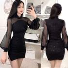 Long-sleeve Mesh Panel Glitter Mini Bodycon Qipao