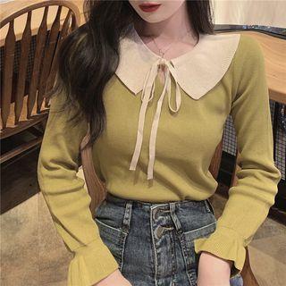 Color-block Collar Tie-neck Knit Top