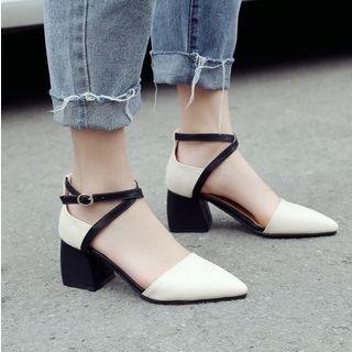 Pointed Toe Block Heel Ankle Strap Pumps