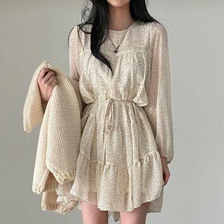 Long-sleeve Floral Mini A-line Dress Almond - One Size