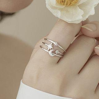 Layered Rhinestone Moon & Stars Open Ring 1 Pc - Silver - One Size