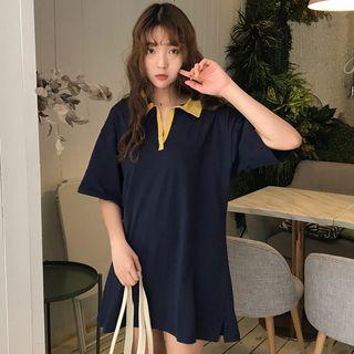 Contrast Trim Elbow-sleeve Polo Shirt Dress
