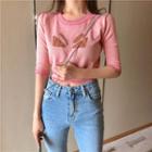 Print Elbow-sleeve Cropped Knit Top