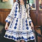 3/4-sleeve Patterned Tiered Dress