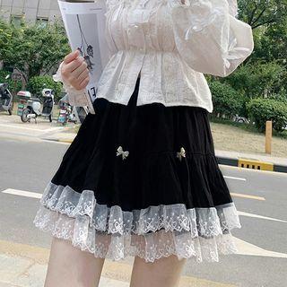 Bow Lace Pleated Layered Skirt Black - One Size