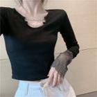 Long-sleeve Chain Accent Rhinestone Cropped T-shirt