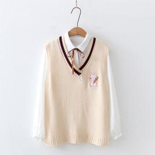 Bow Shirt / Rabbit Embroidered Knit Sweater Vest
