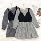 Set:floral Crewneck Long-sleeve Dress + Knit Strap Top