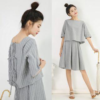 Set: Elbow-sleeve Striped Tie-back Top + A-line Skirt