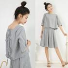 Set: Elbow-sleeve Striped Tie-back Top + A-line Skirt