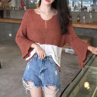 Distressed 3/4-sleeve Knit Sweater