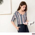 Short-sleeve V-neck Striped Blouse
