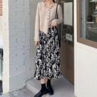 Plain Cardigan / Floral Print Midi Skirt