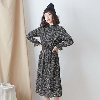 Long-sleeve Floral-print Midi A-line Dress 02 - Black - One Size