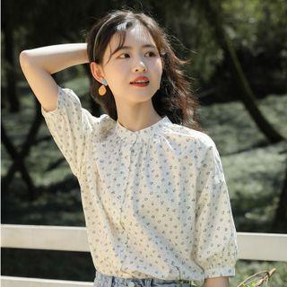 Elbow-sleeve Floral Print Blouse Floral - White - One Size