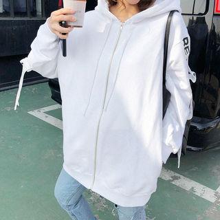 Lettering-sleeve Zip-up Hoodie