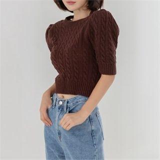Open-back Puff-sleeve Cropped Knit Top