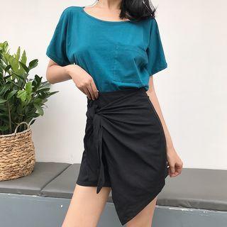 Short-sleeve Cutout Top / Asymmetric Hem Mini Skirt