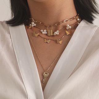 Alloy Butterfly Lock & Key Pendant Faux Pearl Layered Choker Necklace