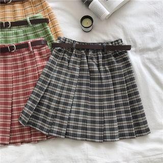 Plaid Pleated Skirt With Belt