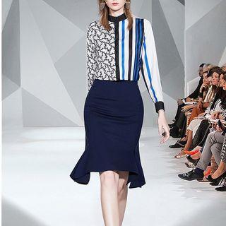 Set: Long-sleeve Striped Blouse + Mermaid Skirt