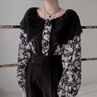 Lantern Sleeve Eyelet Lace Panel Blouse