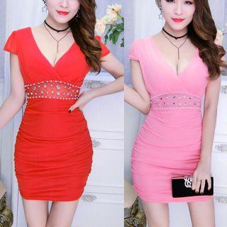 Rhinestone Deep Plunge Bodycon Dress