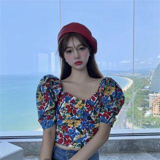 Puff-sleeve Floral Top As Shown In Figure - One Size