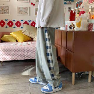 Drawstring-cuff Plaid Panel Wide-leg Pants